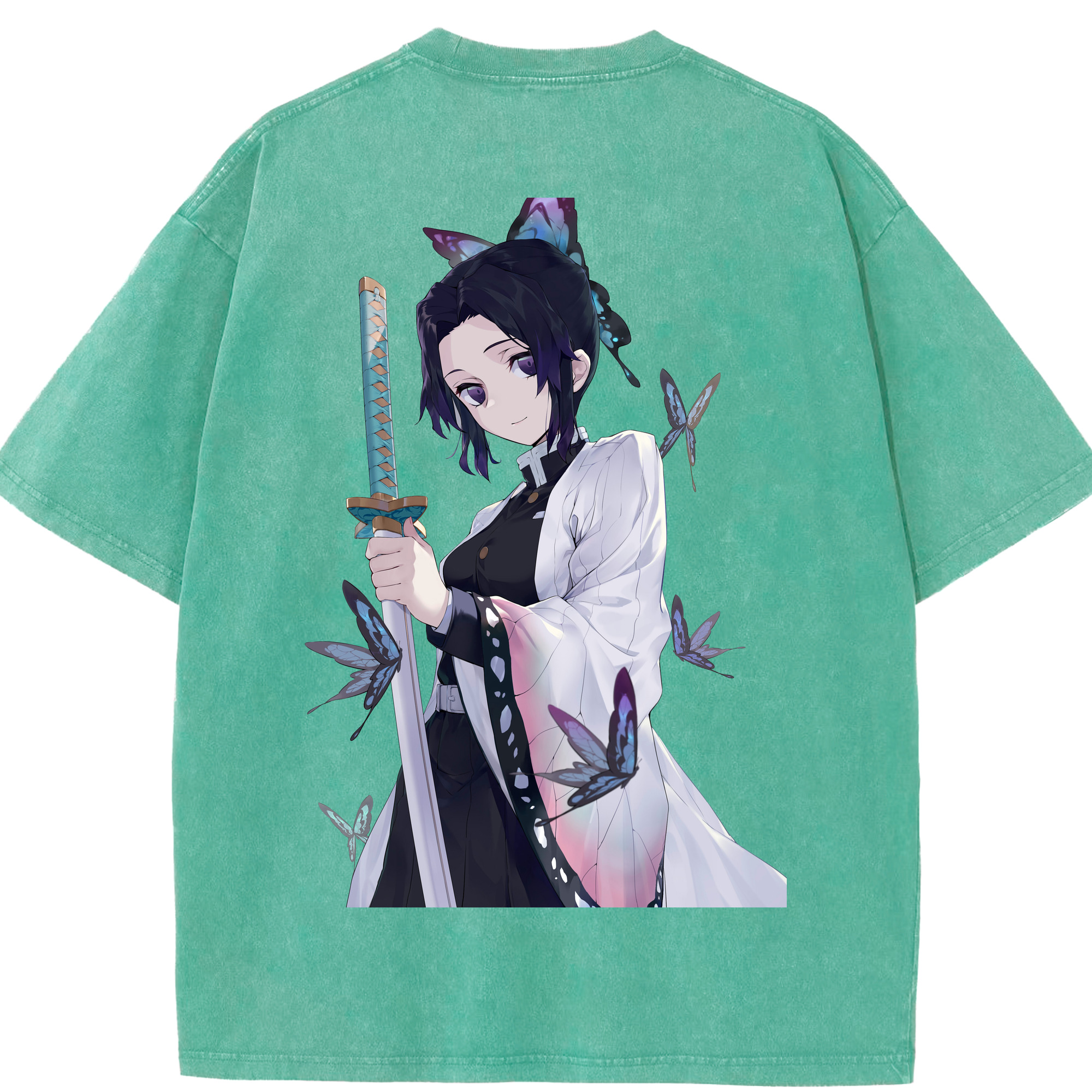 （画像用） 鬼滅の刃（きめつのやいば）蟲柱-胡蝶 しのぶ／こちょう しのぶ Kochou Shinobu 綿100% ヴィンテージ風 半袖Tシャツ（背面プリント）
